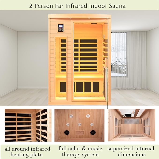 Infrared Sauna 2 Person, Ultra Low EMF Infrared Sauna (0-5mg), Far Infrared Saunas for Home, Canadian Hemlock Wood Indoor Sauna with Bluetooth Speakers, Reading Lamps, Chromotherapy Lights