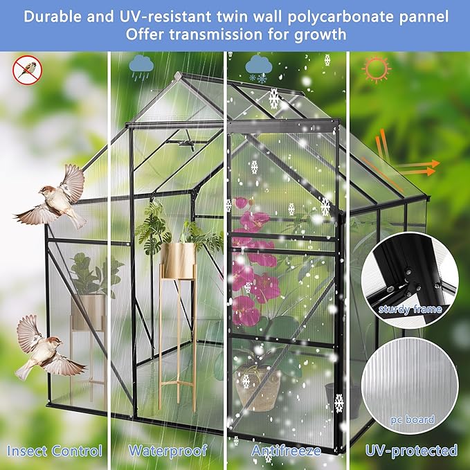 6x6 FT Polycarbonate Greenhouse with Sliding Door and Adjustable Roof, Heavy Duty Aluminum Walk-in Greenhouses w/ Raised Base for Outdoor Garden Backyard,Black