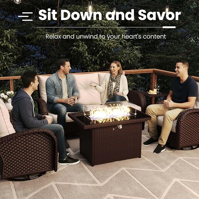 7 Pieces Patio Furniture Sets with Fire Pit Table, Wicker Rattan High Back Outdoor Swivel Rocking Chairs Set with Side Table