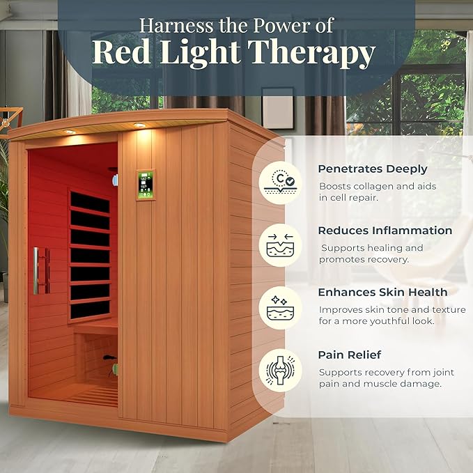 DYNAMIC SAUNAS Madrid Elite 3-Person Ultra Low EMF FAR Infrared Sauna with Red Light Therapy & Bluetooth Speakers | Personal Indoor Dry Heat Sauna for Home & Gym – Made from Canadian Hemlock