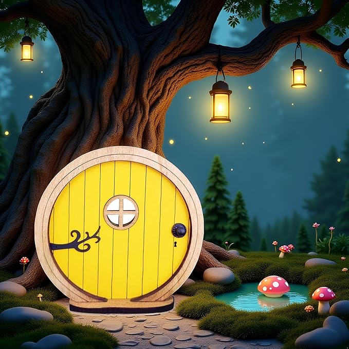 1Pc Fairy Garden Door for Tree, Fairys Doors for Trees Outdoor and Tree Trunk, Mini Fairy Garden Sculpture Lawn Ornament Decor, Fairytales Door Decoration，Gardens Miniatures (Yellow)