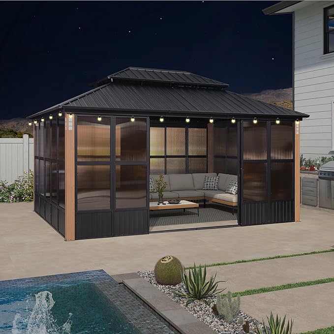 PURPLE LEAF 12' X 16' Patio Hardtop Gazebo Double Top Outdoor Screen House Aluminum Solarium Backyard Sun Room with Detachable Windows and 24 Solar String Light