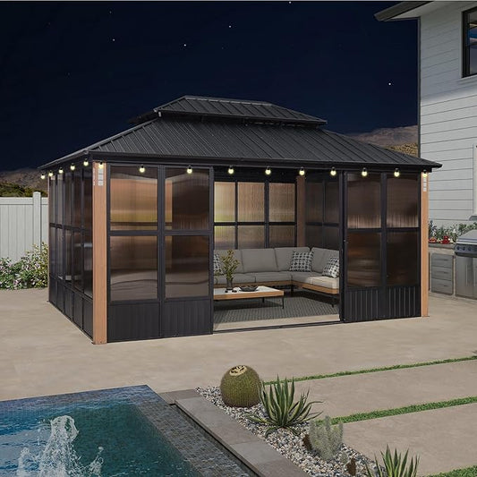 PURPLE LEAF 12' X 16' Patio Hardtop Gazebo Double Top Outdoor Screen House Aluminum Solarium Backyard Sun Room with Detachable Windows and 24 Solar String Light