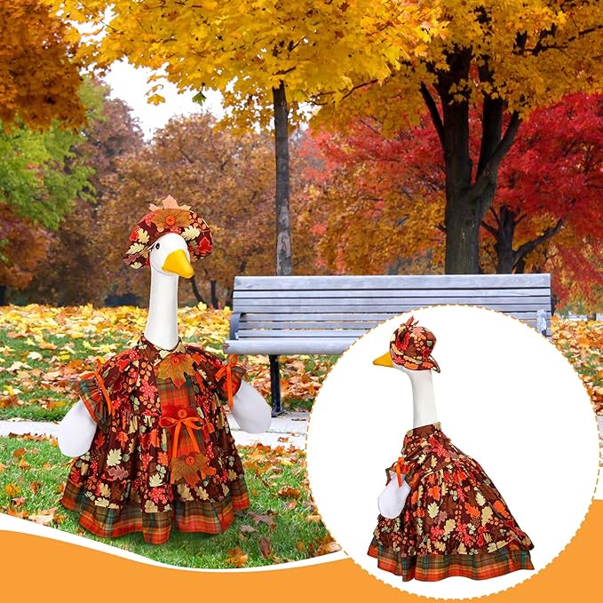 Suzile Autumn Goose Outfit Fall Maple Dresses Clothes for 23" High Cement or Plastic Porch Goose Costume for Yard Lawn Outdoor Garden Patio Statue Thanksgiving Party Xmas Holiday Decor