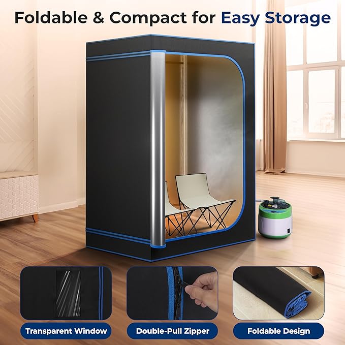 SereneLife Portable Sauna for Home, 2-Person Steam Sauna Tent with 4L Steamer, 2 Foldable Sauna Chairs, Remote Control for in-Home Spa Rejuvenation, 71"x47" (Black)