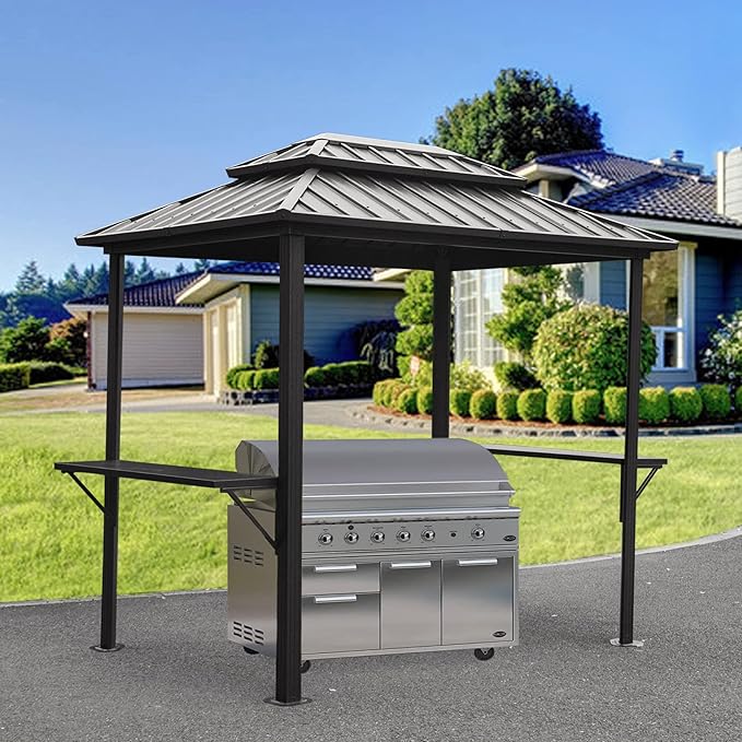 Domi Grill Gazebo 8' × 6', Outdoor Aluminum Frame BBQ Gazebo with Shelves Serving Tables and Hooks, Permanent Double Roof Gazebos for Patio Lawn Deck Garden (Dark Grey)