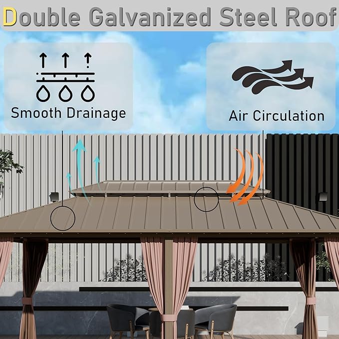 12'x20' Hardtop Gazebo, Outdoor Aluminum Frame Galvanized Steel Double Roof Pavilion with Netting and Shaded Curtains, Permanent Metal Pergolas for Patio, Backyard, Deck and Lawns.