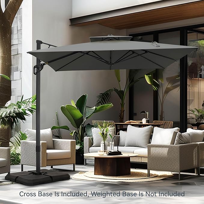 PHI VILLA 10ft Cantilever Patio Umbrella, Outdoor Large Square Umbrellas with 360°Rotation, Heavy Duty Hydraulic Double Umbrella Windproof for Outside, Pool, Deck, Garden, Porch, Grey(No Base)