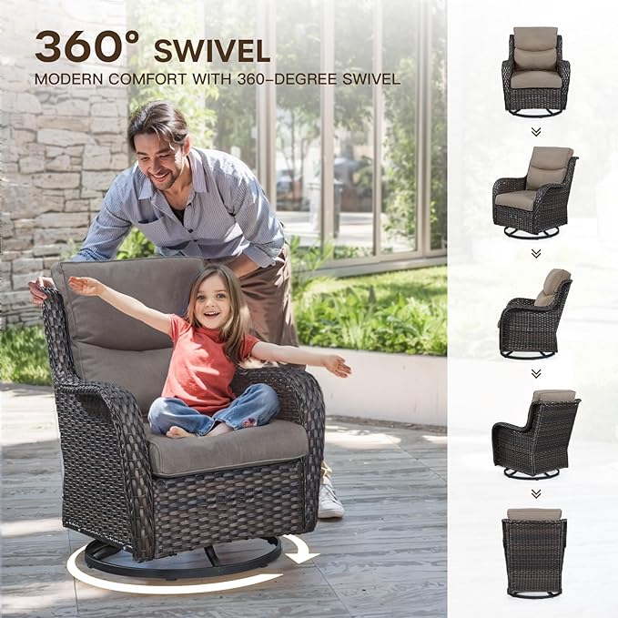 Patio Swivel Chair Set of 2, Resin Wicker Swivel Patio Glider Chairs with Smile-Shaped Cushions, High Back Luxury Swivel Patio Glider Chairs for Outdoor, Brown Wicker|Grey Cushions