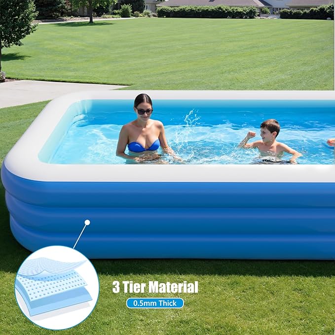 Inflatable Pool for Kids and Adults, 142" x 71" x 21" Blow Up Pools, Rectangular Family Swimming Pool