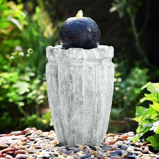 Modern Ball Fountains Outdoor Indoor Cast Stone Sphere Zen Fountain with LED Lights Round Water Features Decor for Garden Patio Living Room Office Black and White 25.6” High