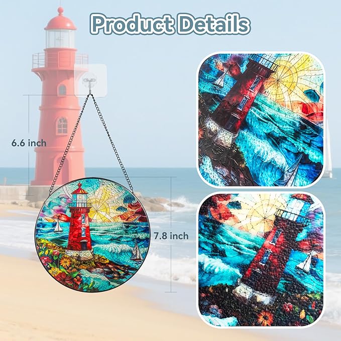 Suncatcher Stained Glass Window Hanging - Lighthouse Glass Panel with Metal Chain and Hooks Handmade Sun Catcher Decoration for Window Garden Home Christmas & Birthday Gifts (8 Inch)