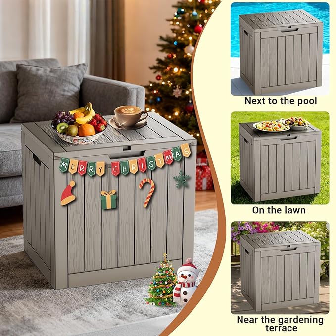 30-Gallon Outdoor Deck Box with Wood-Grain Finish, UV Resistant Waterproof Storage Container with Lock, Storage Box for Camping, Garden & Backyard, Multi-Functional Seat and Table, Light Brown