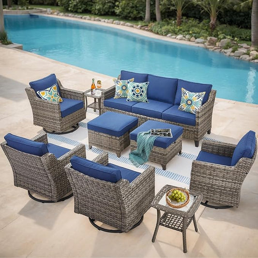 Patio Furniture Set, 9 Pieces Outdoor Wicker Rattan Sofa Couch with Swivel Rocking Chair, Side Table, Ottomans and Comfy Cushions, All Weather Patio Conversation Sets, Suit for Porch Deck