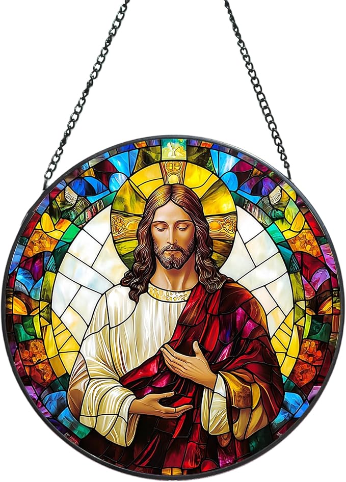 Suncatcher Stained Glass Window Hanging - Jesus Christ Glass Panel with Metal Chain and Hooks Handmade Sun Catcher Decoration for Window Garden Home Christmas & Birthday Gifts (8 Inch)