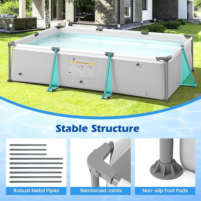 GYMAX 10' x 6.8' x 26" Metal Frame Above Ground Swimming Pool, Outdoor Backyard Famliy Pool w/Puncture-Resistant Fabric, Drainage Valve Connector for Kids & Adults (10' x 6.8' x 26", Rectangle, Grey)