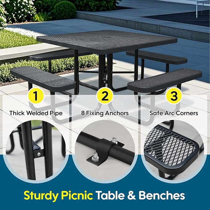 8-Person Picnic Tables for Outdoors, Industrial 46" Expanded Metal Square Picnic Table with 4 Benches & Umbrella Hole, Outside Table and Bench Set for Garden, Backyard, Porch, Patio, Black