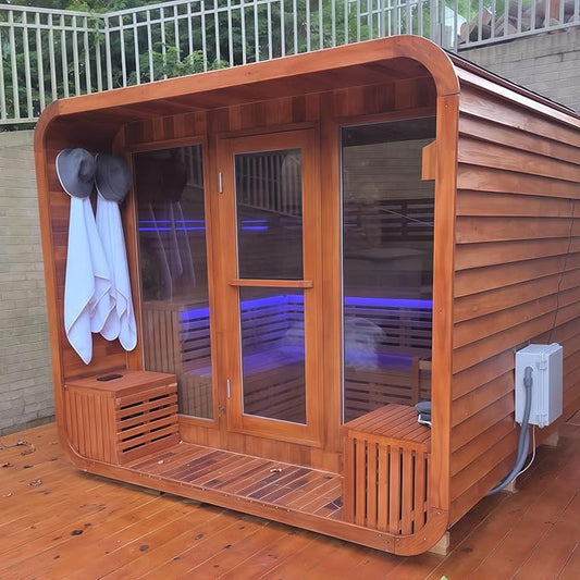 Customize Outdoor Traditional Steam Sauna 4-10 Person, Canadian Hemlock, Red Cedar Sauna, Porch Option, Glass Window Option, Wood Burning Stove or Harvia Heater, ETL Certificate(0-195 °F)