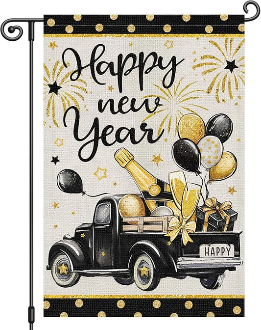 Heyfibro Happy New Year Truck Garden Flag 12x18 Inch Double Sided Black Gold Champagne Balloon Garden Flag Decorative Firework Yard Flags for Outside House Farmhouse Holiday Outdoor Decoration