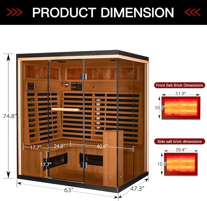 Infrared Sauna, 3-4 Person Home Sauna with Himalayan Salt Panel & 10 Minutes Warm-up System, Indoor Sauna Spa Room with Canadian Hemlock&Panoramic Tempered Glass,220V