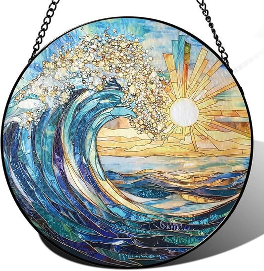 The Ocean Waves and The Sunrise Suncatcher -7.9 in Stained Glass Window Hanging Sun Catcher Garden Decor