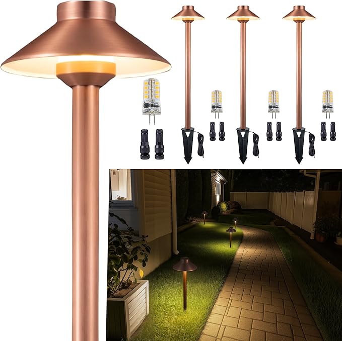 Gardenreet Outdoor Brass Pathway Lights, Low Voltage Landscape Path Light Wired, 12v Walkway Lamp LED Waterproof, Hat-top Copper for Outside Garden Yard Driveway with 3W 270LM 3000K G4 Bulb (4 Pack)