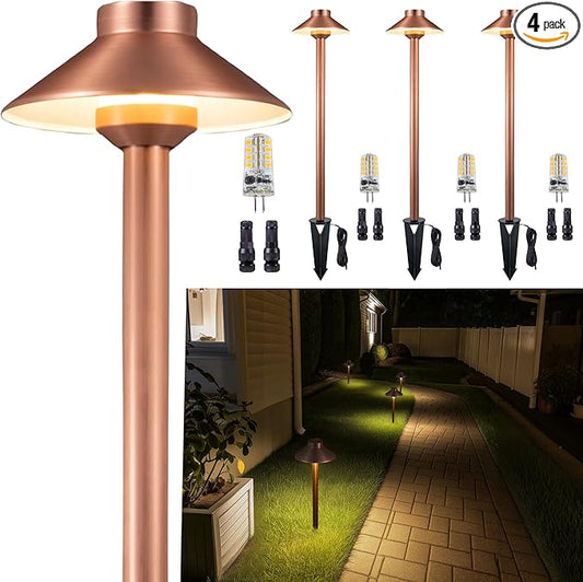 Gardenreet Brass Copper Low Voltage Path Lights, Landscape Pathway Light, 12V LED Outdoor Bronze Hat Top Walkway Lamp for Driveway Yard Garden with 3W 270LM 4000K G4 Bulb 4 Pack