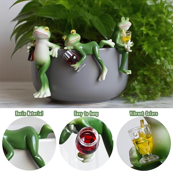 3 Pack Tipsy Frog Figurines Pot Huggers Statues Garden Decor for Outside,Plant Decorations for Pots,Miniature Frog Ornaments for Patio,Balcony,Backyard,Lawn,Unique House Warming Gifts for Women