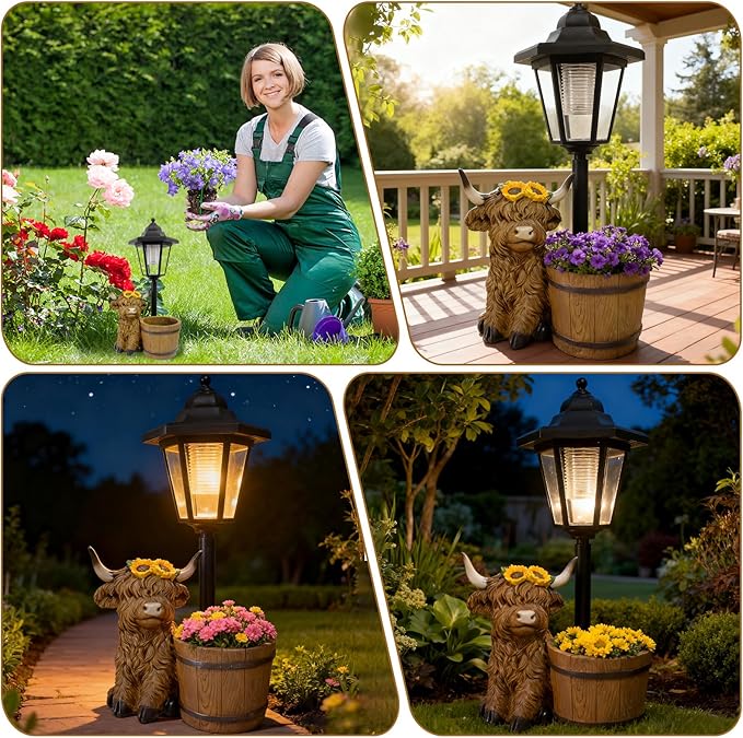 Highland Cow Garden Outdoor Statues with Solar Lights and Flowerpot Decor Animal Figurines Sculptures Resin Outdoor Statues for Patio Yard Lawn Balcony Mom Grandma Gifts