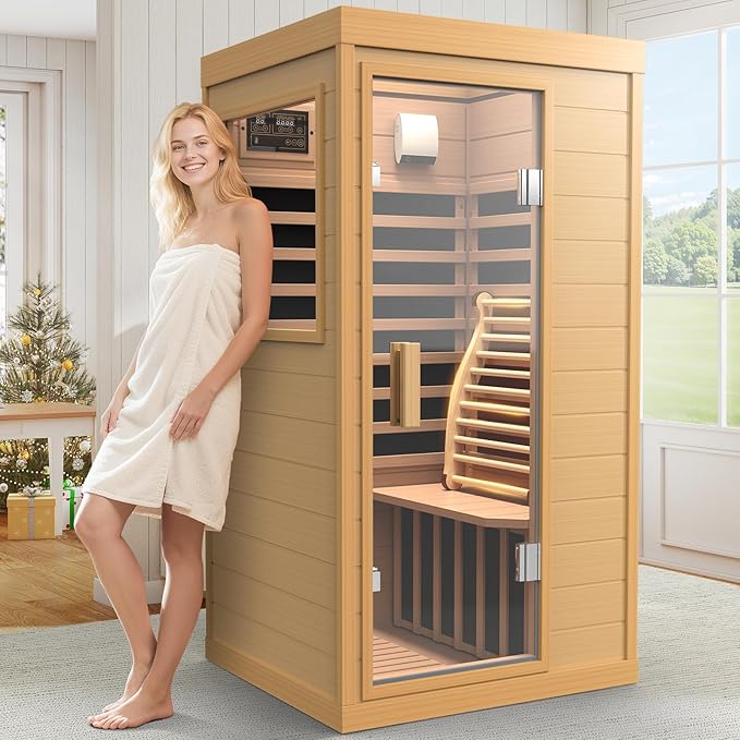 Upgraded 1 Person Sauna Infrared Sauna with Backrest, Hemlock Dry Sauna Indoor Wood Sauna for Home, 1062W 110V Low EMF Far Infrared Sauna with Integrated Speakers, Reading Lamp (Brown)