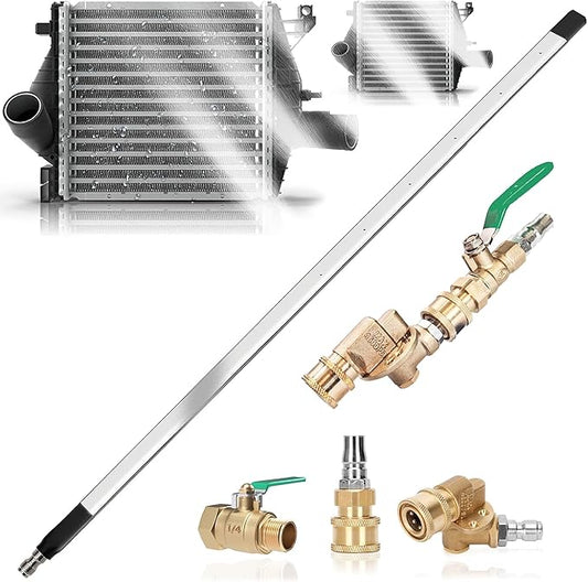 24 Inch Radiator Cleaning Wand, 4500 PSI Stainless Steel Radiator Cleaner Wand with Quick Connector, Dual Water & Air Blow Gun Adapter for Trucks, RVs, Heavy Equipment Pressure Washer