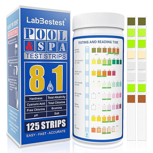 Pool Salt Test Strips - Salt Water Pool Testing Kit - 125 Swimming Pool Spa Hot Tub Test Strips - Rapid Accurate Easy to Test Hardness, Bromine, pH, Salt and More (8-Way)