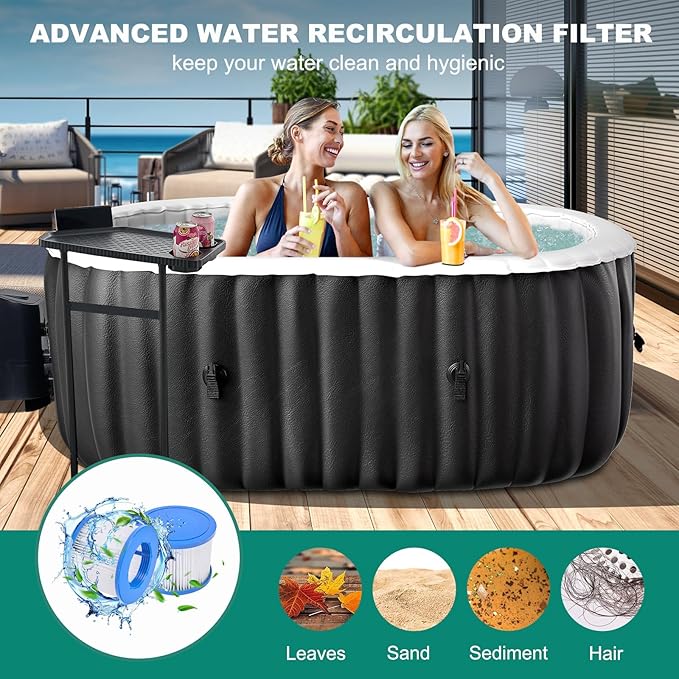 DoCred 1-2 Person Inflatable Hot Tub, 75" X 47" X 25" Oval Blow Up Portable Hot Tub with 100 Bubble Jets, Large Outdoor Spa Bathtub Set Included Heater Pump, Insulated Cover and Side Table