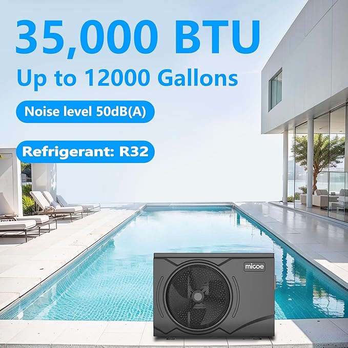 MICOE 35000 BTU Inverter Pool Heater for Above Ground and Inground Pool Up to 24ft/12000 Gallons, Electric Swimming Pool Heat Pump with APP-Scheduled Heating and Cooling, 220-240V
