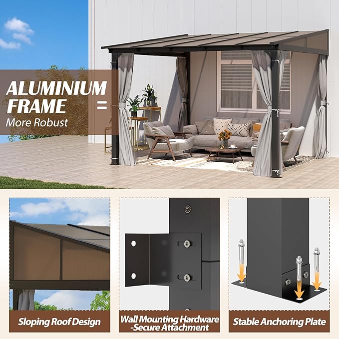 10 x10FT Outdoor Wall-Mounted Hardtop Gazebo, Aluminum Frame Lean to Gazebo with Polycarbonate Roof and Curtains for Patio, Garden, Deck