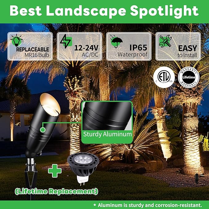 Low Voltage Landscape Spotlights, Black Outdoor LED 12V LED Tree Light, Waterproof Aluminum Fixture for Tree House Garden with 5W MR16 Bulb 2700K 8 Pack