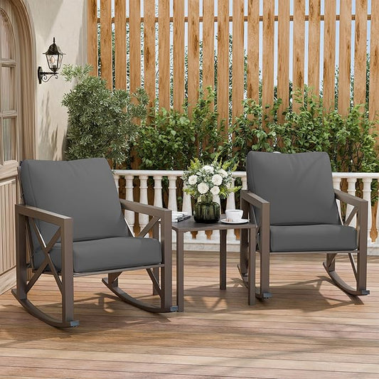 Outdoor Rocking Bistro Set, Patio Rocking Chairs Set of 2 with Coffee Table, 3 Pieces Metal Conversation Sets with 6.5" Thick Cushions for Backyard, Porch, Poolside, Oversized (Gray)