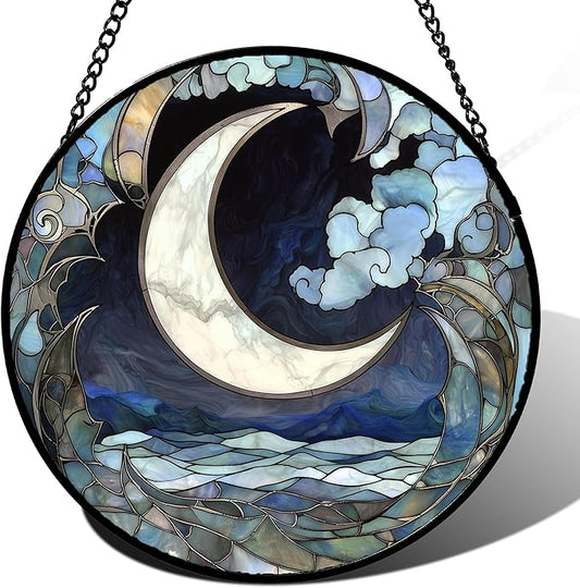 Stained Glass Window Hanging - Abstract Sea of Clouds Moon Sun Catcher for Door Terrace Garden Home Decor, Gray Blue Suncatcher Birthday Gifts for Lovers Women Men Dad Mom Nana 11.8 in
