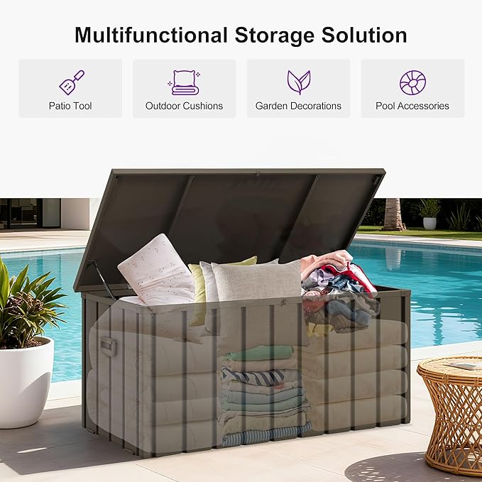 PURPLE LEAF Outdoor Deck Box 150 Gallon Waterproof Lockable Storage Box Container with Lid Deck Organization for Patio Cushions Side Table Pool Accessories Garden Tools, Brown