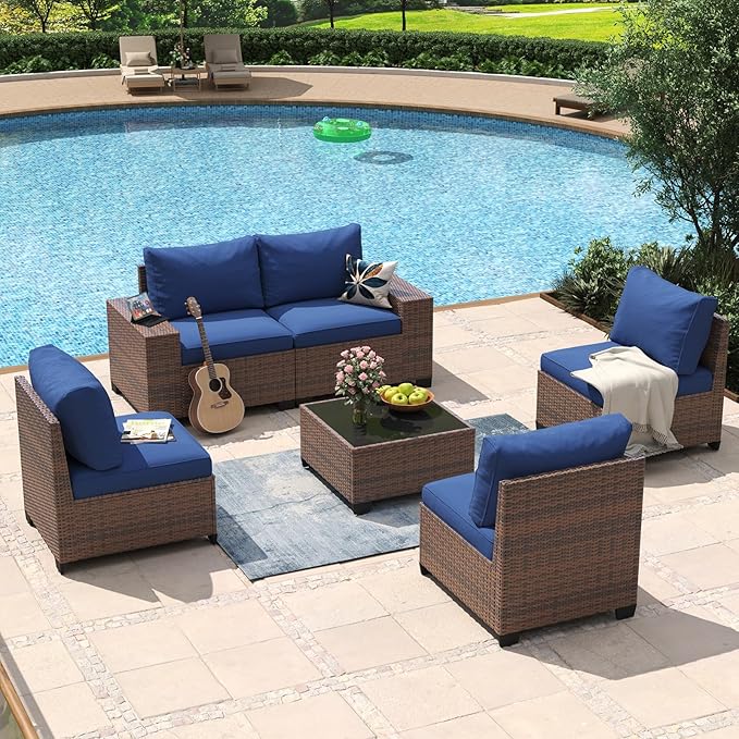 Aoxun 6 Piece Patio Furniture Set with Wide Armrests Wicker Rattan Outdoor Sectional Sofa Set with Coffee Table and Thickened Cushions, Brown/Blue(Waterproof Cover Included)