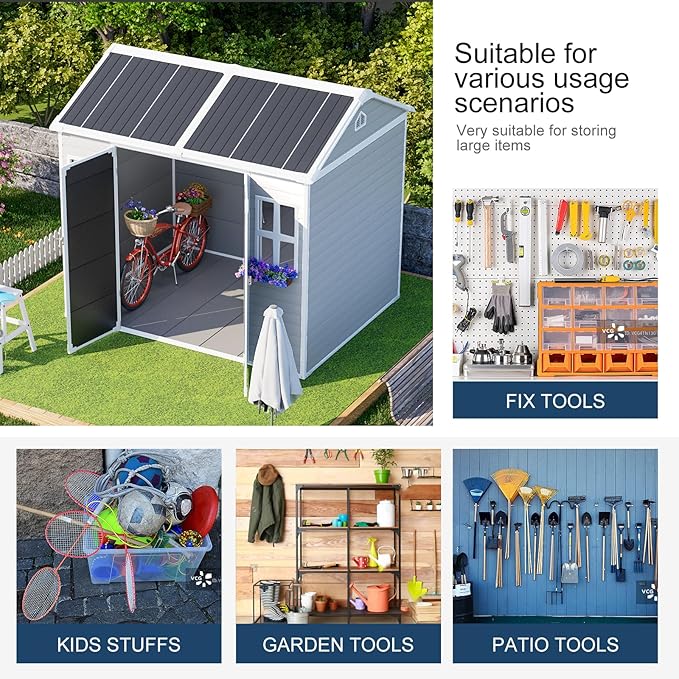 8x6 FT Resin Storage Sheds with Floor Windows, Waterproof Plastic Outdoor Shed Kit, Outside Tools Sheds for Backyard Garden Patio Lawn