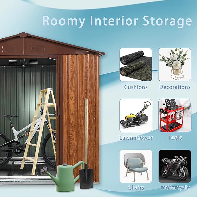 6 x 6 FT Outdoor Storage Shed, Metal Garden Shed with Floor Frame, Tool Shed Outdoor Storage with Lockable Sliding Doors & Window & Air Vents, Storage House Waterproof for Backyard, Lawn, Coffee