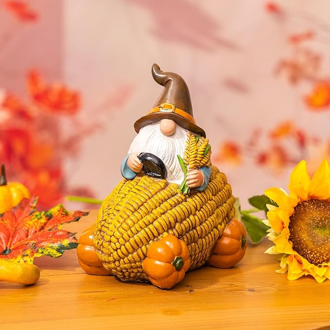 Autumn Gnome Statue Corn Car with Pumpkin Wheel Enchanting Fall Resin Figurine for Thanksgiving Party Home and Outdoor Decor