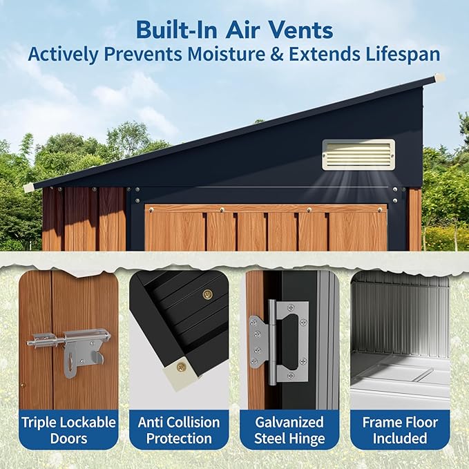 8x4 Ft Outdoor Metal Shed, Storage Shed with Floor, Updated Frame Structure & Triple Lockable Doors, Large Garden Tool Shed for Backyard, Patio, Lawn & Utility Storage