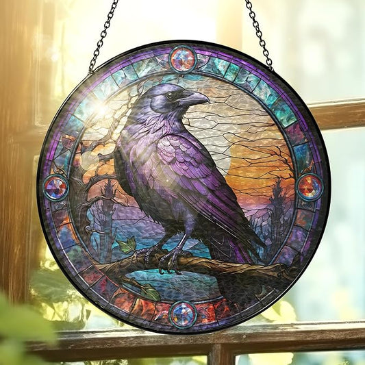 FLAGWIX Halloween Decorations Indoor Outdoor - The Crow Raven Stained Glass Window Hanging 8in - Black Crow Suncatchers for Gothic Home Decor, Halloween Fall Christmas Decor Gifts for Men Women