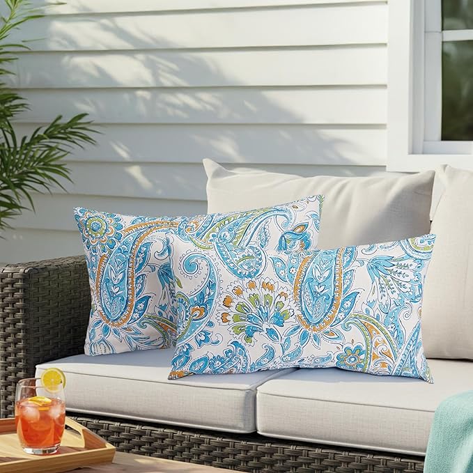 Outdoor Lumbar Pillows Waterproof Covers 2 Pack 12×20 Inch, Decorative Toss Pillows Covers, Rain-Proof, Fade Resistant for Patio Furniture, Sofa, Couch, Garden