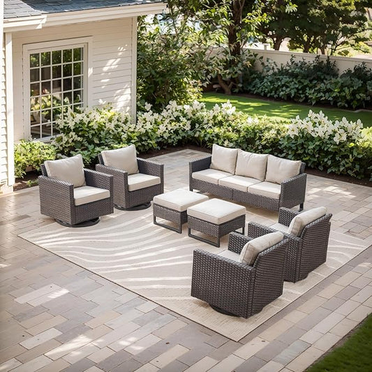 Rilyson Wicker Outdoor Patio Furniture Set - 7 Piece Patio Conversation Set with 4 Swivel Rocker Chairs,2 Rattan Ottoman and 1 Couch for Outside Porch Deck Backyard(Brown/Beige)