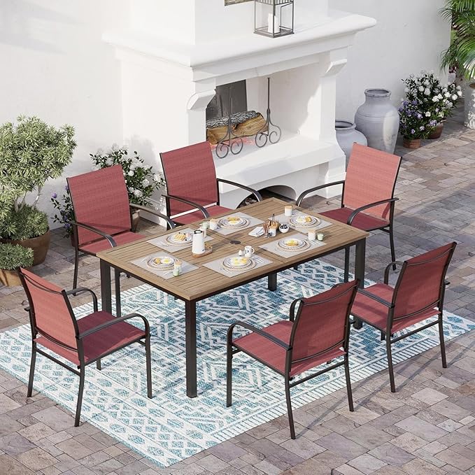 7 Piece Outdoor Dining Set, Rectangular Wood-Like Table with Umbrella Hole, Patio Dining Set for Outdoor Kitchen Lawn Garden, Backyard, Deck