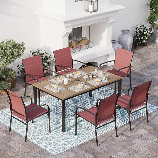 7 Piece Outdoor Dining Set, Rectangular Wood-Like Table with Umbrella Hole, Patio Dining Set for Outdoor Kitchen Lawn Garden, Backyard, Deck