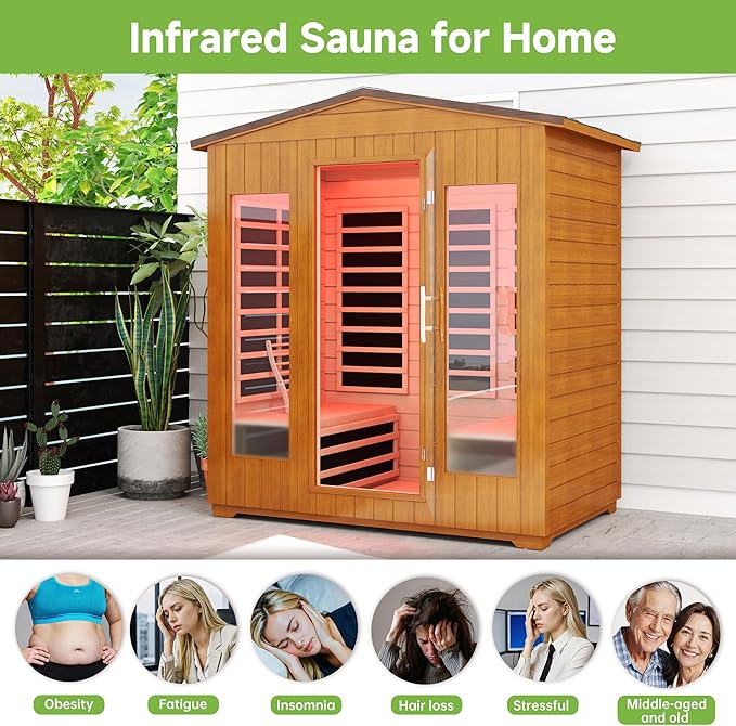 Springspa Outdoor Sauna 4 Person, Infrared Sauna for Home, Wooden Outdoor Saunas Room, 3400 Low EMF Far Infrared with Bluetooth, LCD Panel, 7 Color Chromotherapy Lamp, Reading Lamp
